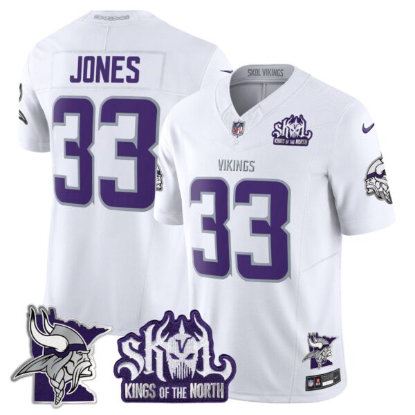 Minnesota Vikings Kings Of The North Patch Vapor Limited Jersey V3 – All Stitched – Winter Warrior – Aaron Jones Jersey