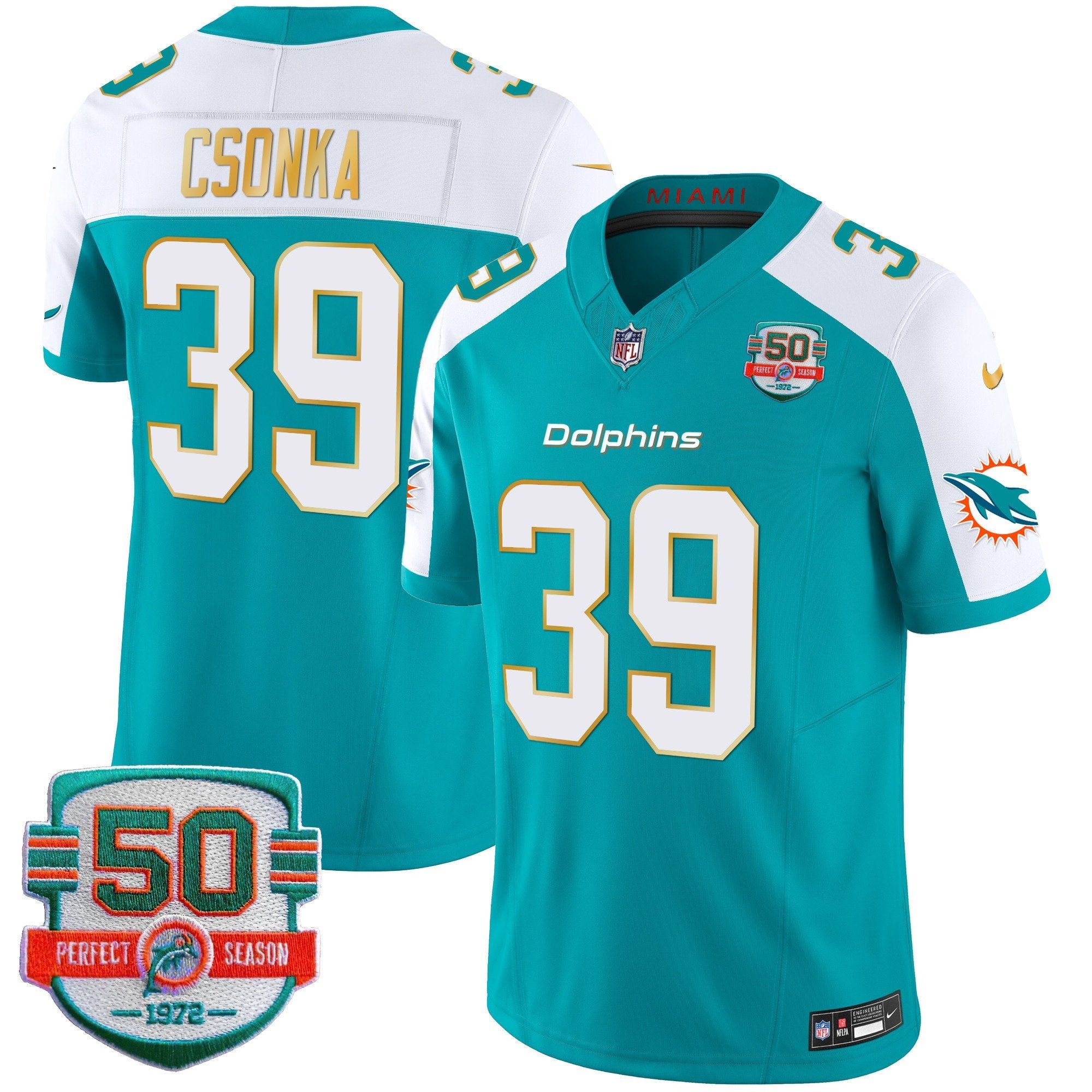 Dolphins Gold Trim Vapor Limited Jersey – All Stitched – Aqua Alternate – Larry Csonka Jersey