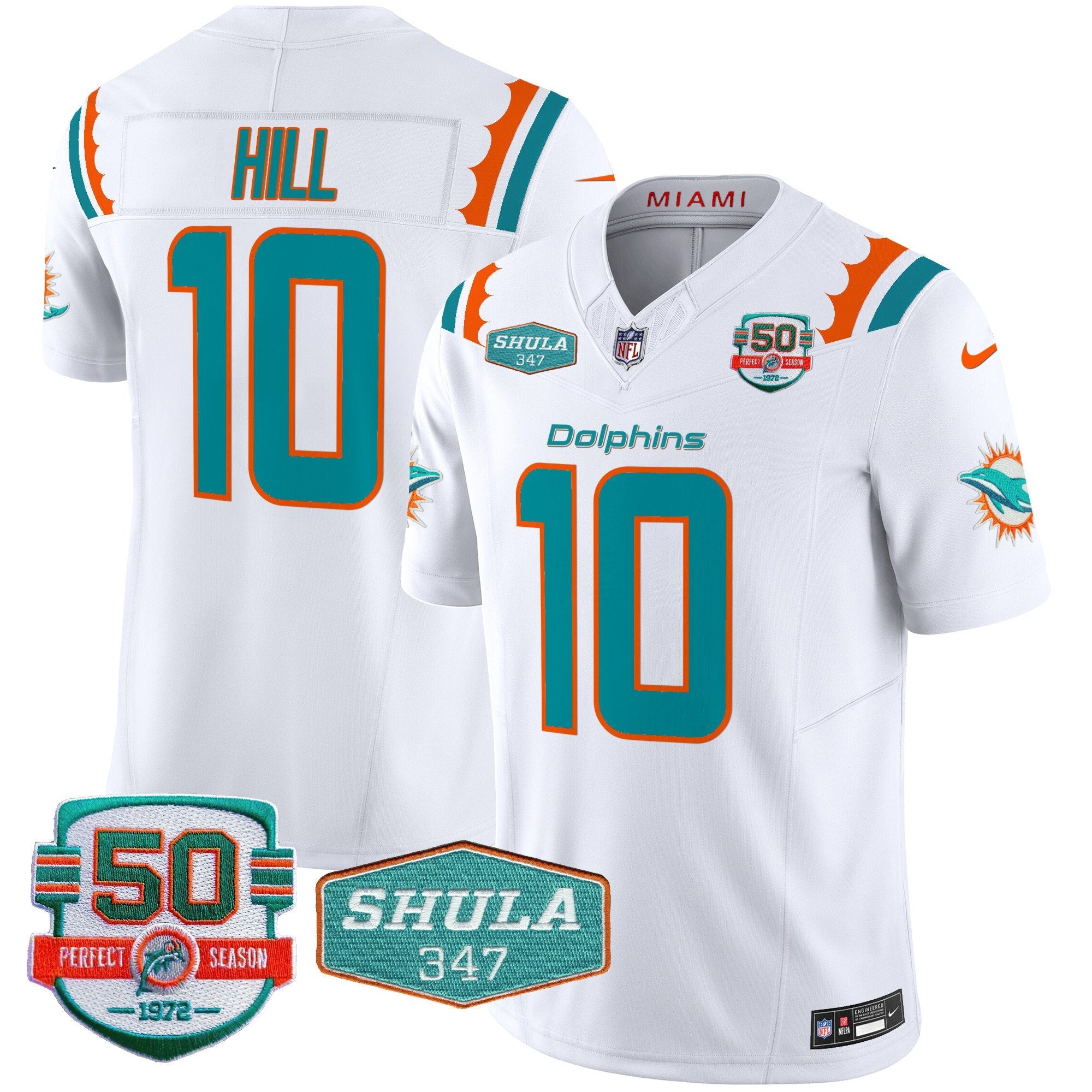 Dolphins 50th & Don Shula 347 Memorial Patch Vapor Limited Jersey – All Stitched – White – Tyreek Hill Jersey