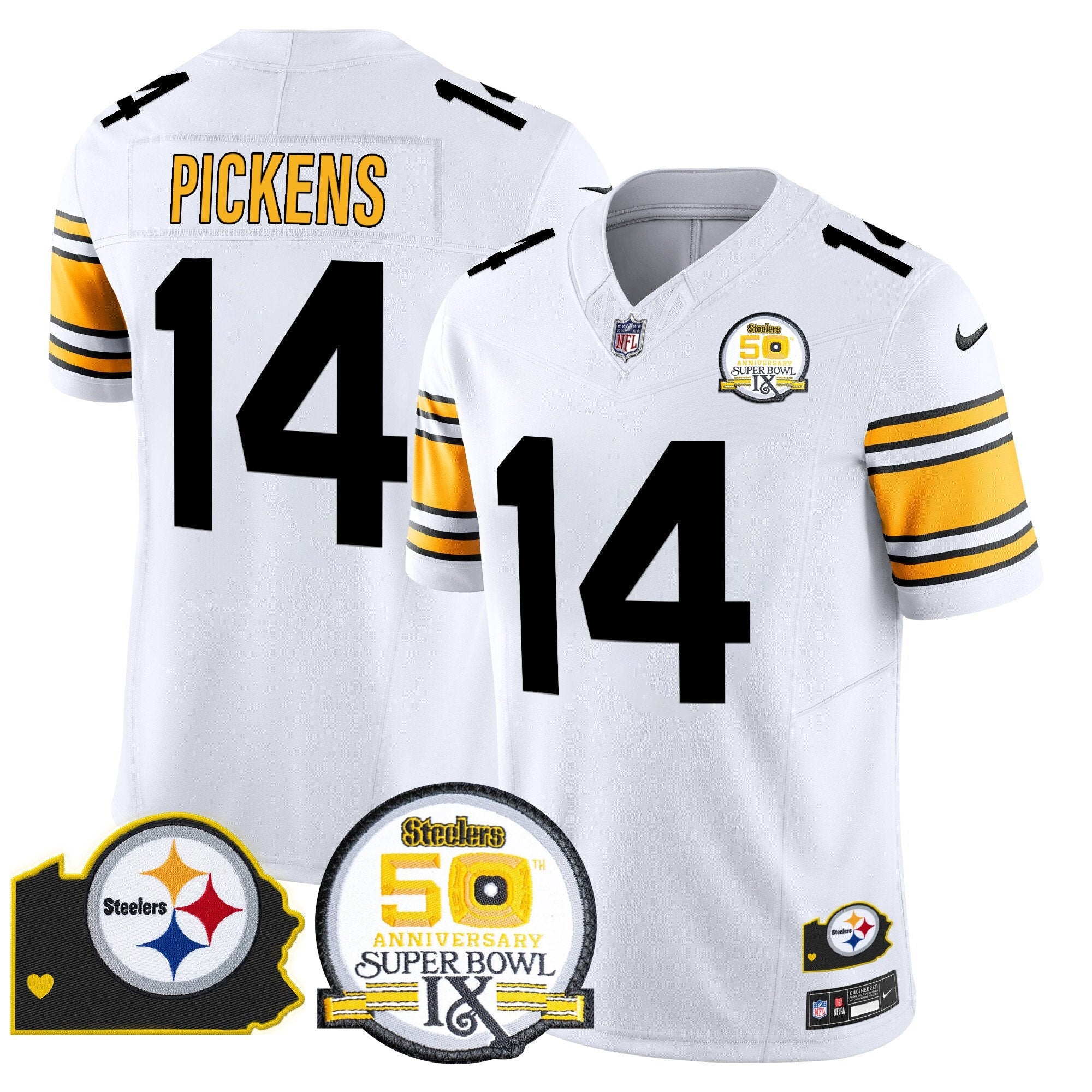 Steelers 50th Anniversary Of Super Bowl IX & Map Patch Vapor Limited Jersey – All Stitched – 1975 White – George Pickens Jersey