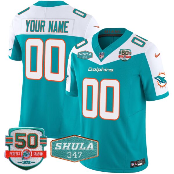 Dolphins Shula 347 Patch Vapor Limited Custom Jersey V2 – All Stitched – Aqua Alternate Jersey