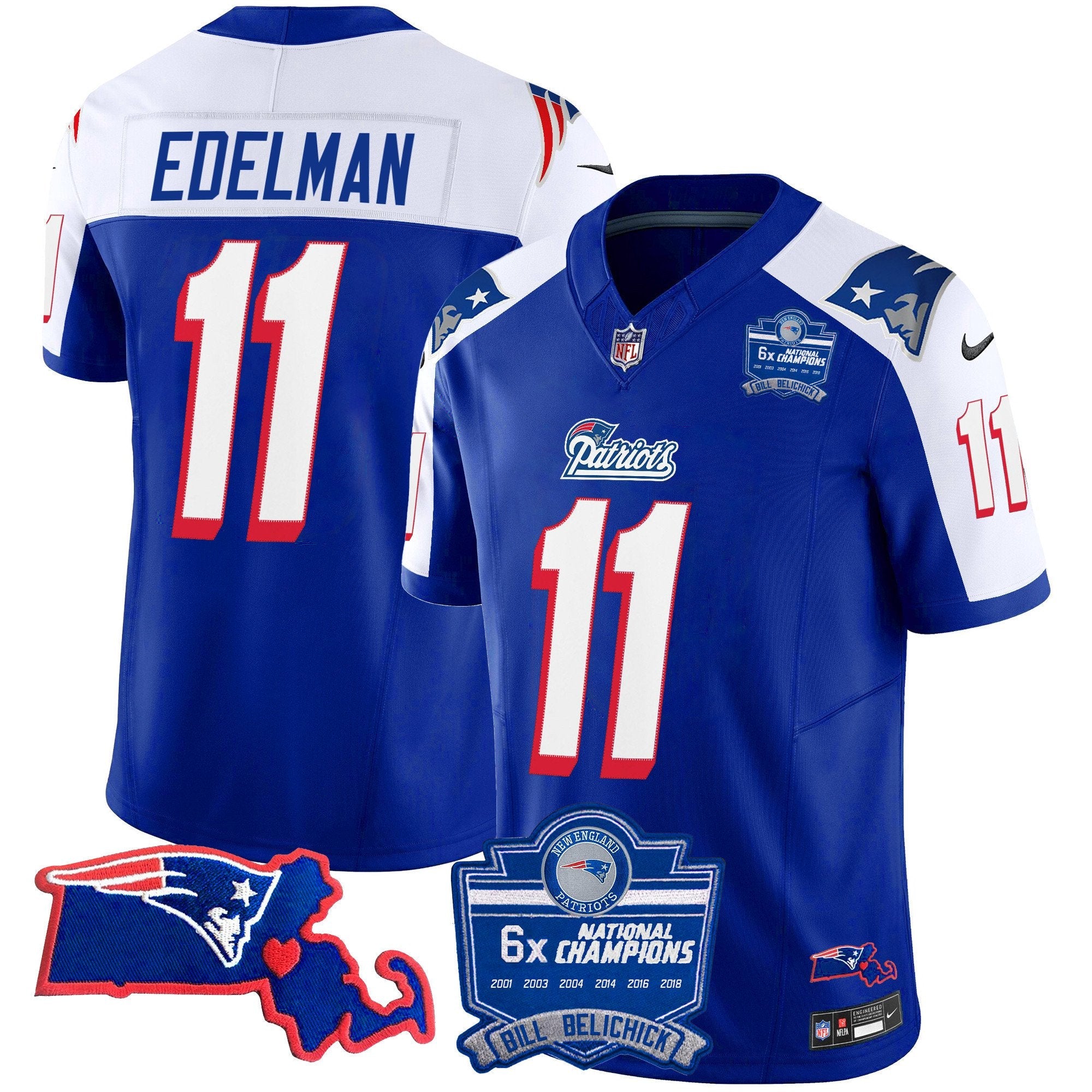 Patriots Bill Belichick 6x Champions Patch Vapor Jersey – All Stitched – 1996 Alternate – Julian Edelman Jersey