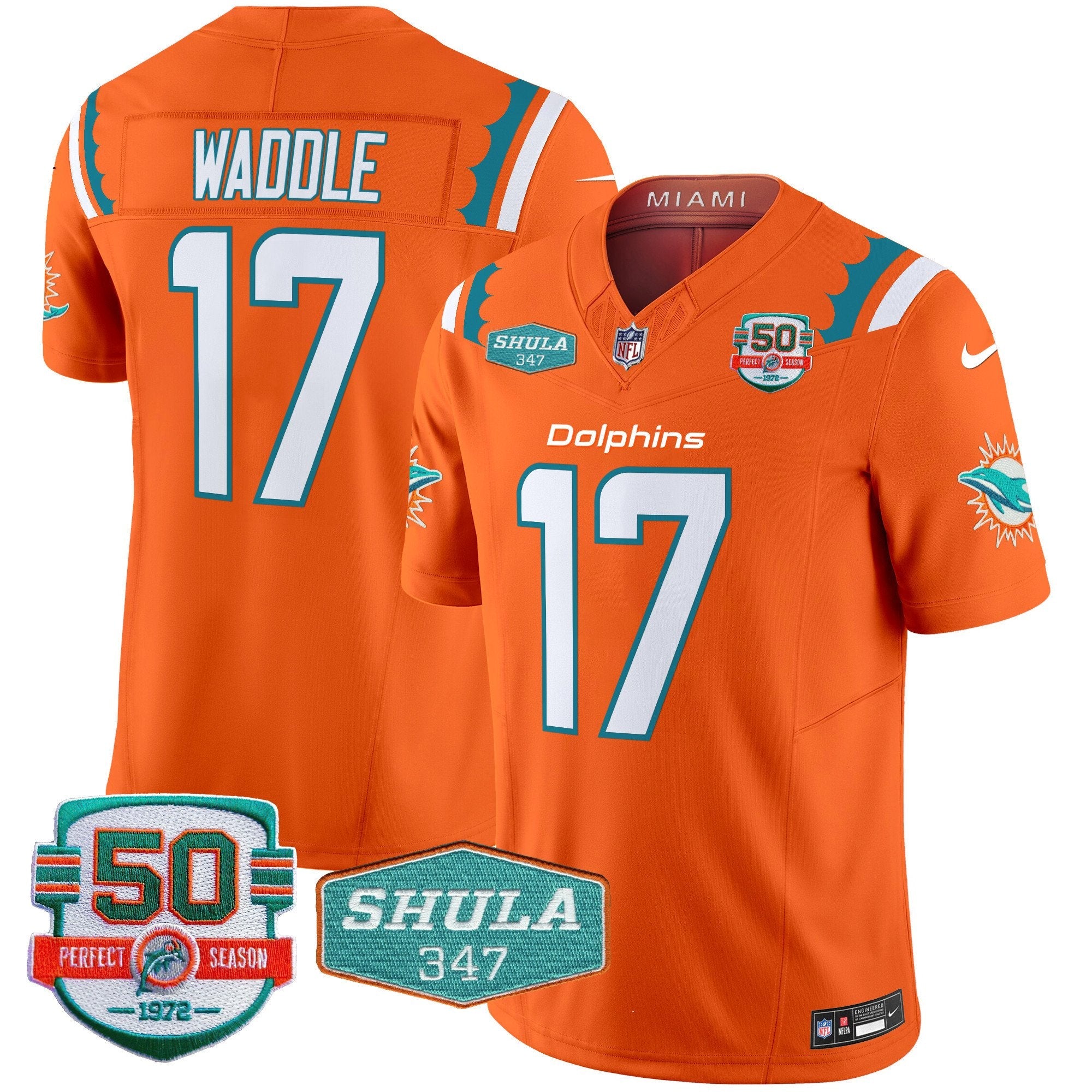 Dolphins 50th & Don Shula 347 Memorial Patch Vapor Limited Jersey – All Stitched – Orange – Jaylen Waddle Jersey