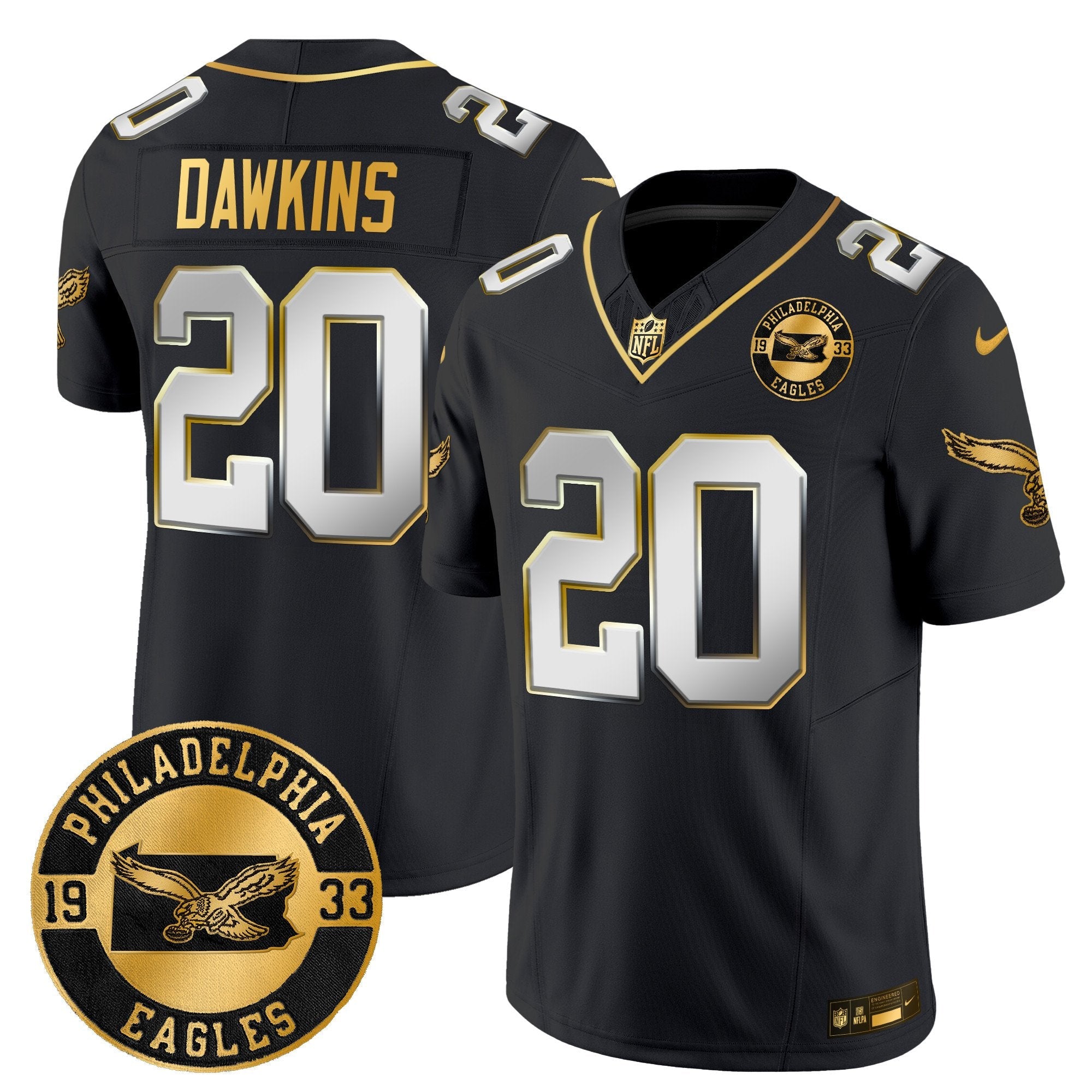 Philadelphia Eagles 2024 Throwback Gold Vapor Limited Jersey – Est. 1933 Patch – All Stitched – Black Limited – Brian Dawkins Jersey