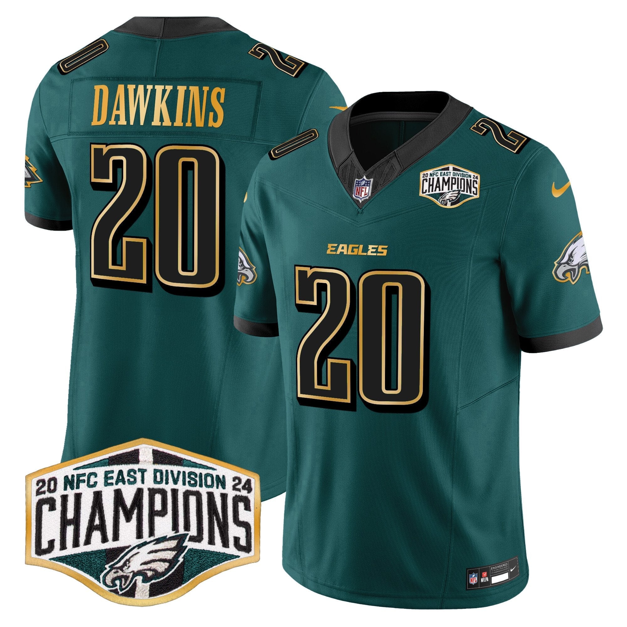 Eagles 2024 NFC East Division Champions Gold Trim Vapor Limited Jersey – All Stitched – Midnight Green – Brian Dawkins Jersey