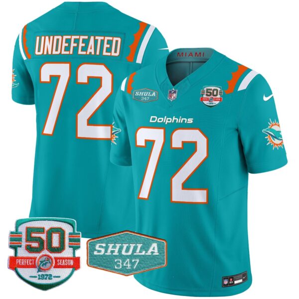 Dolphins 50th & Don Shula 347 Memorial Patch Vapor Limited Jersey – All Stitched – Aqua – Undefeated Jersey