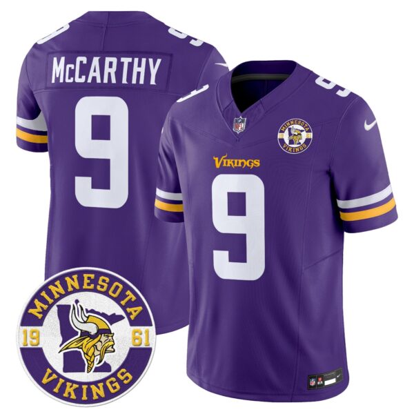 Minnesota Vikings 2024 Vapor Limited Jersey V2 – Est. 1961 Patch – All Stitched – Purple – J.J. McCarthy Jersey