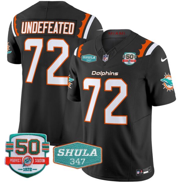 Dolphins 50th & Don Shula 347 Memorial Patch Vapor Limited Jersey – All Stitched – Black – Undefeated Jersey