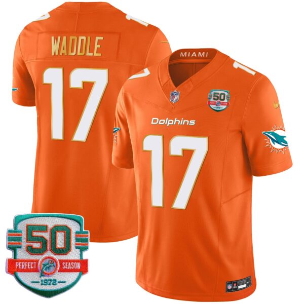 Dolphins Gold Trim Vapor Limited Jersey – All Stitched – Orange – Jaylen Waddle Jersey