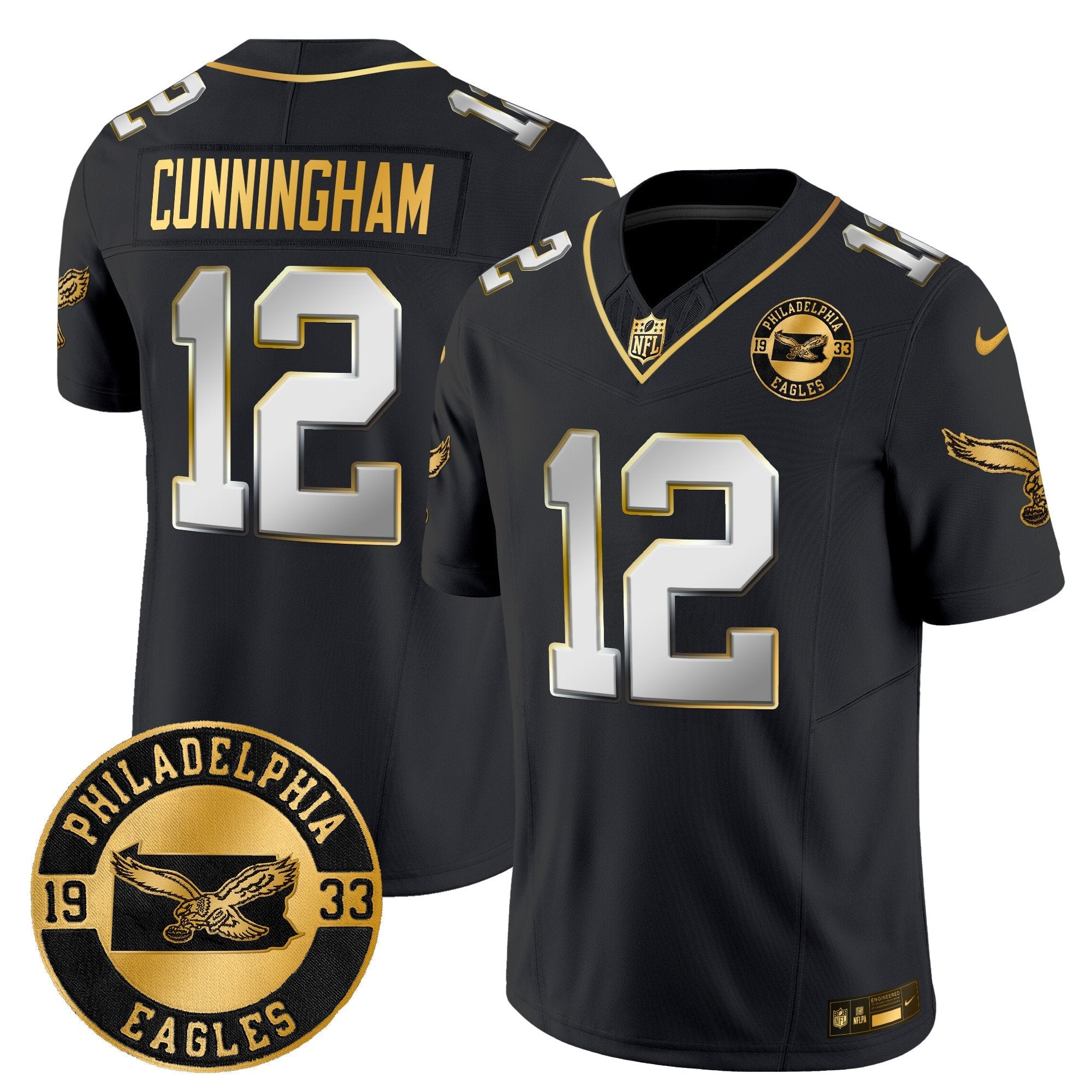 Philadelphia Eagles 2024 Throwback Gold Vapor Limited Jersey – Est. 1933 Patch – All Stitched – Black Limited – Randall Cunningham Jersey