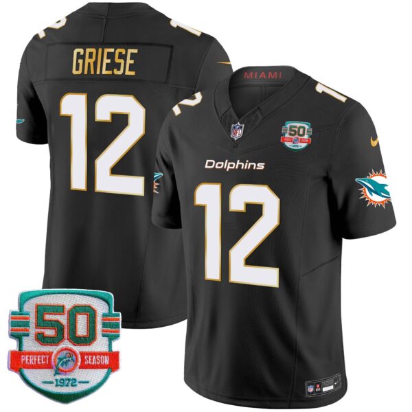 Dolphins Gold Trim Vapor Limited Jersey – All Stitched – Black – Bob Griese Jersey