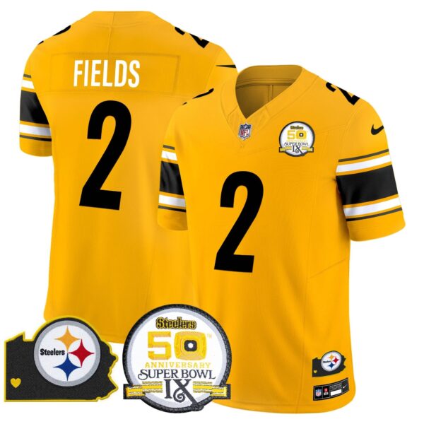 Steelers 50th Anniversary Of Super Bowl IX & Map Patch Vapor Limited Jersey – All Stitched – Gold – Justin Fields Jersey