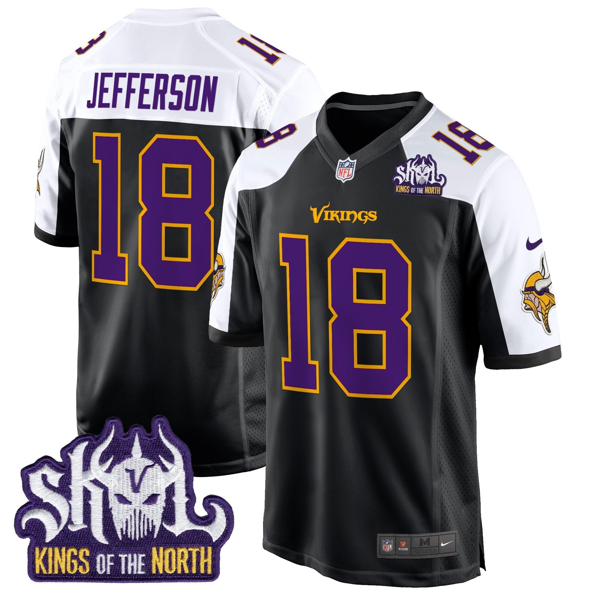 Minnesota Vikings King Of The North Patch Throwback Game Jersey – All Stitched – Black Alternate – Justin Jefferson Jersey