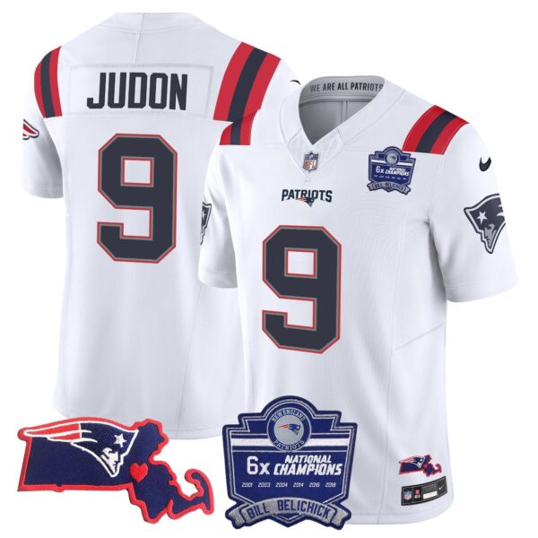 Patriots Bill Belichick 6x Champions Patch Vapor Jersey – All Stitched – White – Matthew Judon Jersey
