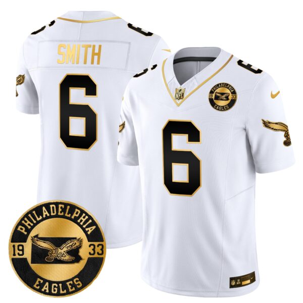 Philadelphia Eagles 2024 Throwback Gold Vapor Limited Jersey – Est. 1933 Patch – All Stitched – White Gold – DeVonta Smith Jersey