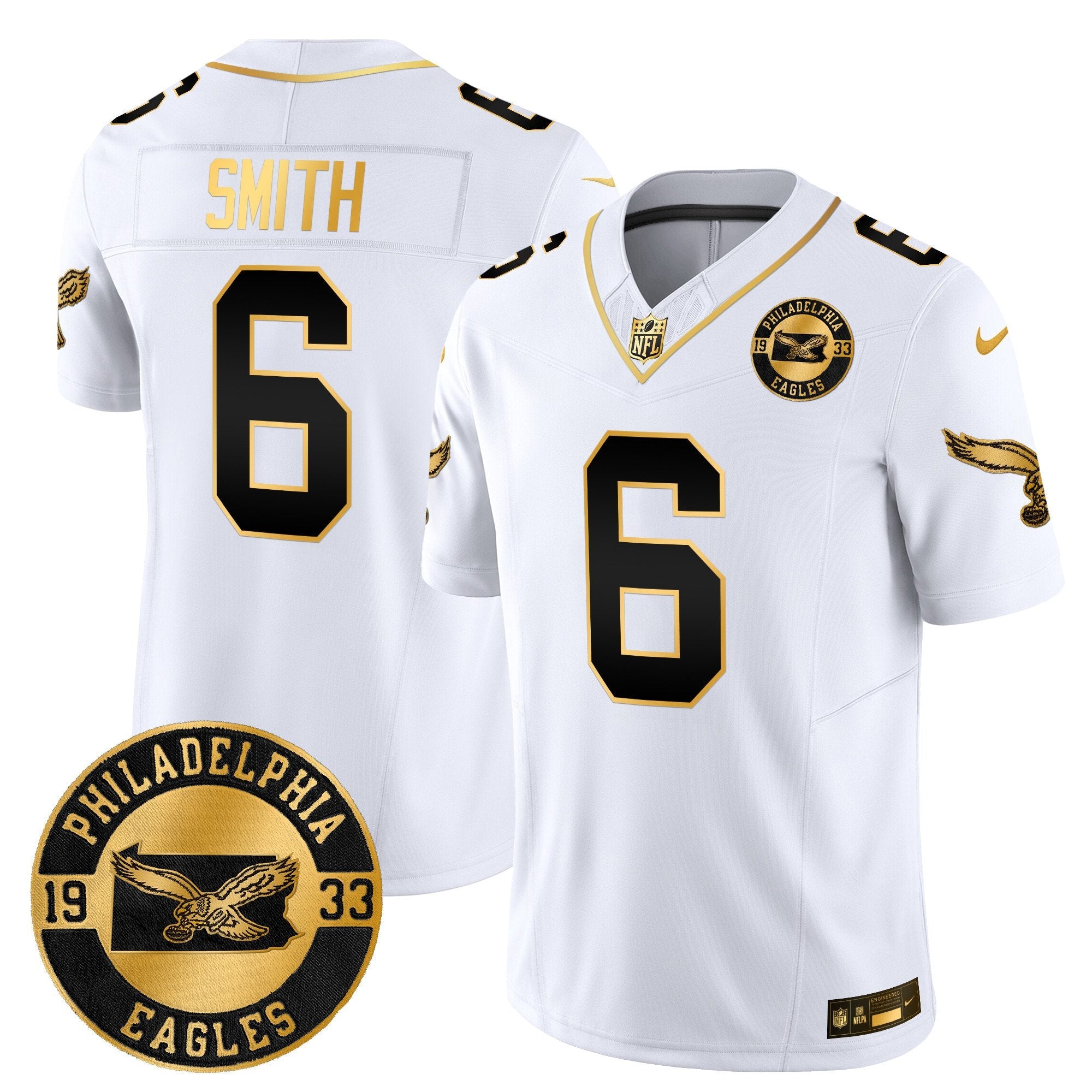 Philadelphia Eagles 2024 Throwback Gold Vapor Limited Jersey – Est. 1933 Patch – All Stitched – White Gold – DeVonta Smith Jersey