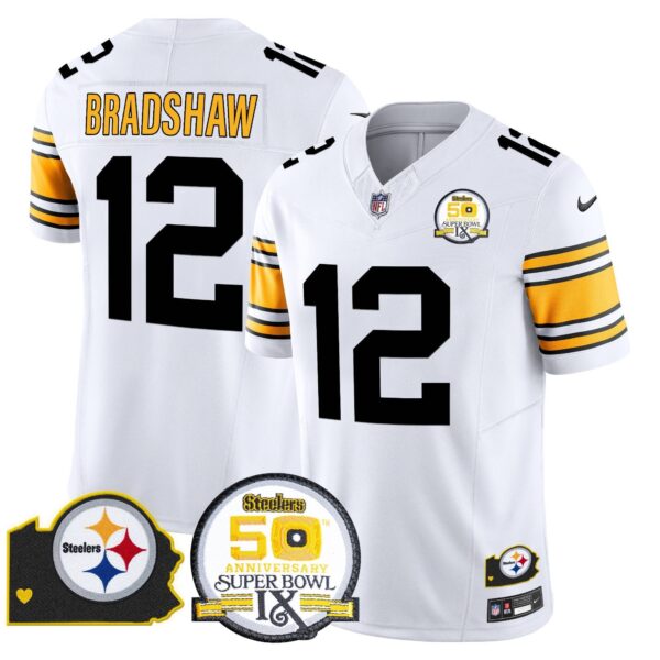 Steelers 50th Anniversary Of Super Bowl IX & Map Patch Vapor Limited Jersey – All Stitched – 1975 White – Terry Bradshaw Jersey