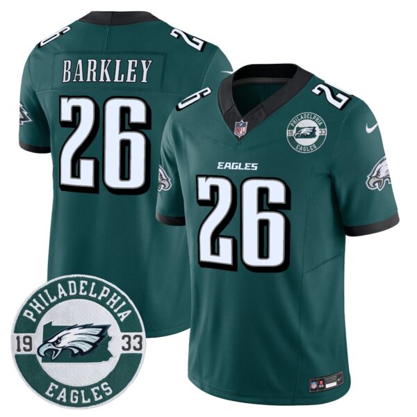 Eagles 2024 Vapor Limited Jersey – Est. 1933 Patch – All Stitched – Midnight Green – Saquon Barkley Jersey