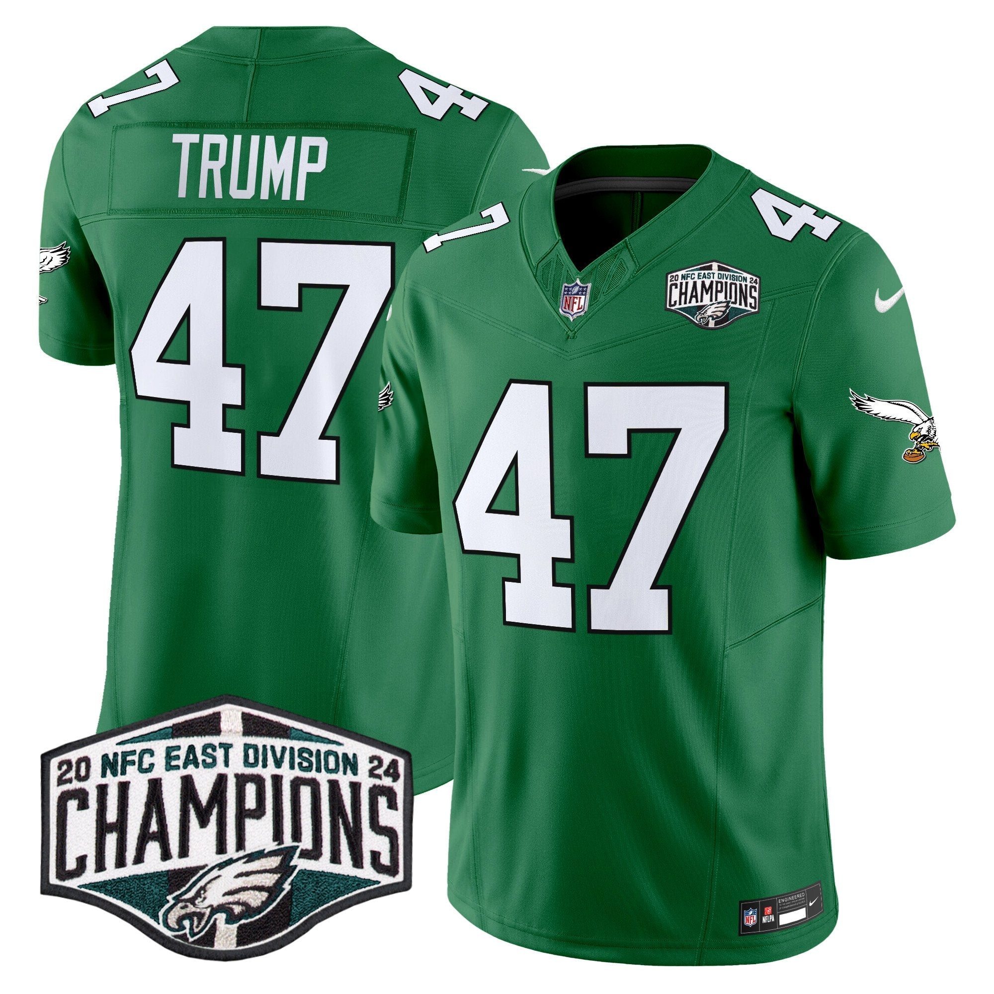 Philadelphia Eagles Kelly Green 2024 NFC East Division Champions Vapor Limited Jersey V2 – All Stitched – Kelly Green – Donald Trump Jersey