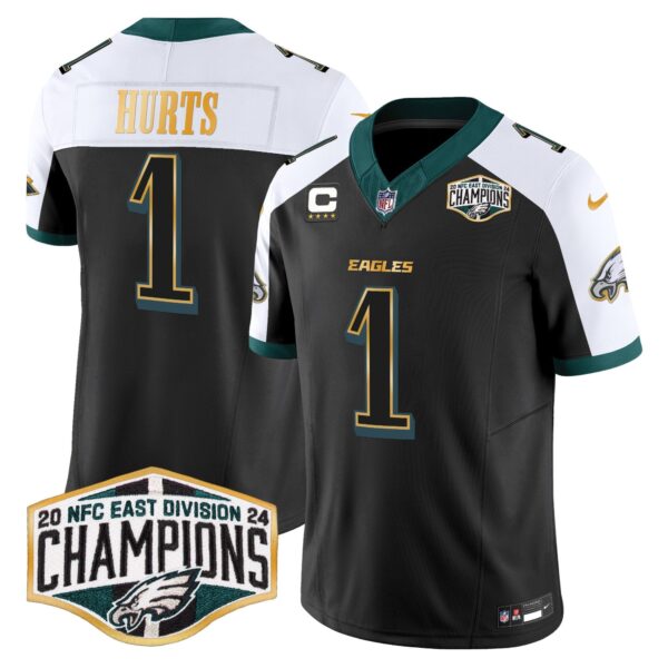 Eagles 2024 NFC East Division Champions Gold Trim Vapor Limited Jersey – All Stitched – Black Alternate – Jalen Hurts Jersey