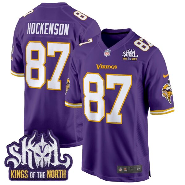 Minnesota Vikings King Of The North Patch Throwback Game Jersey – All Stitched – Purple – T.J. Hockenson Jersey