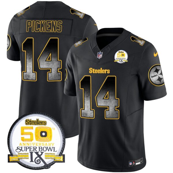 Steelers Arch Smoke 50th Anniversary Of Super Bowl IX Patch Vapor Limited Jersey – All Stitched – Black – George Pickens Jersey