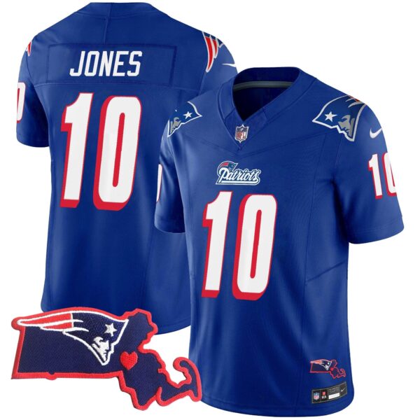 Patriots 1996 Throwback State Patch Vapor Jersey – All Stitched – Royal – Mac Jones Jersey