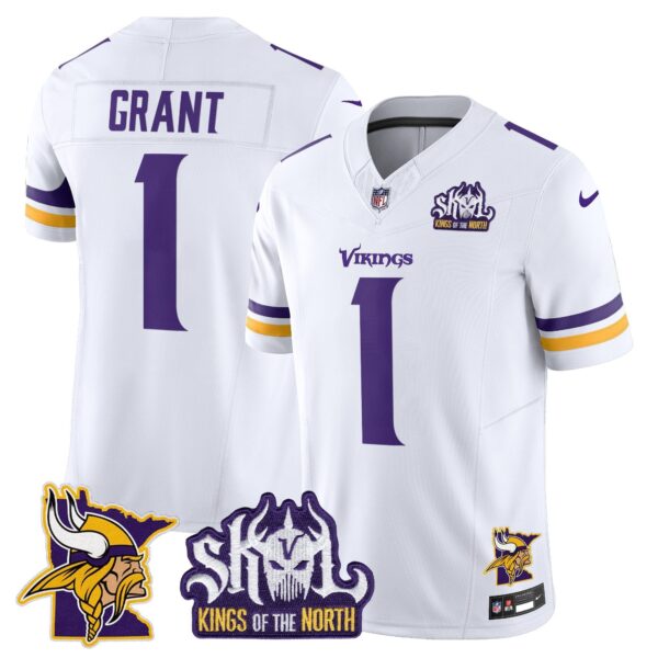 Minnesota Vikings Kings Of The North Patch Vapor Limited Jersey V3 – All Stitched – White – Bud Grant Jersey