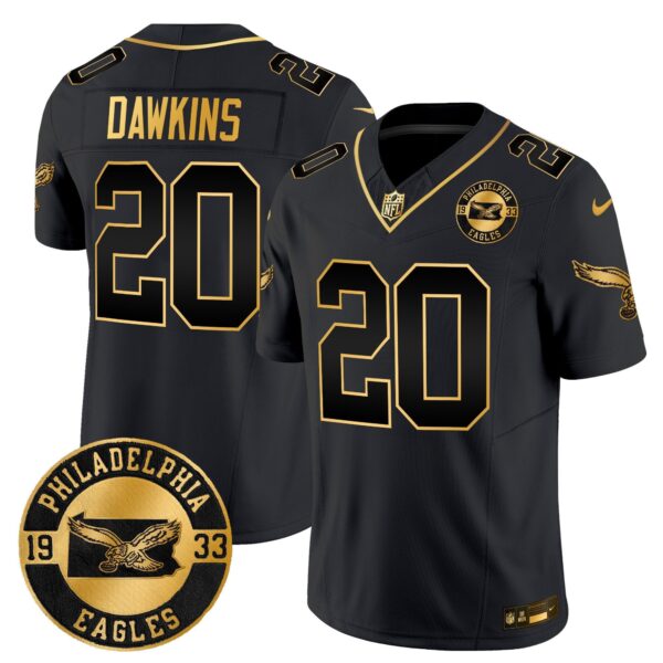 Philadelphia Eagles 2024 Throwback Gold Vapor Limited Jersey – Est. 1933 Patch – All Stitched – Black Gold – Brian Dawkins Jersey