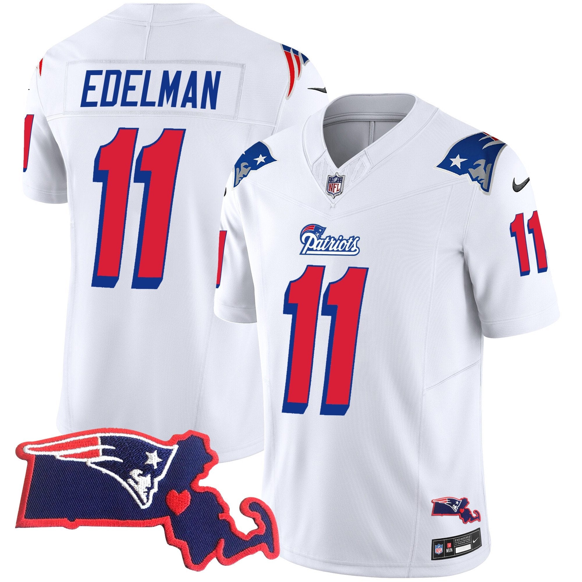 Patriots 1996 Throwback State Patch Vapor Jersey – All Stitched – White – Julian Edelman Jersey