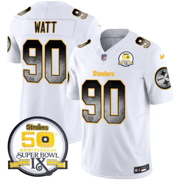 Steelers Arch Smoke 50th Anniversary Of Super Bowl IX Patch Vapor Limited Jersey – All Stitched – White – T. J. Watt Jersey