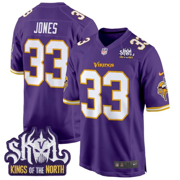Minnesota Vikings King Of The North Patch Throwback Game Jersey – All Stitched – Purple – Aaron Jones Jersey