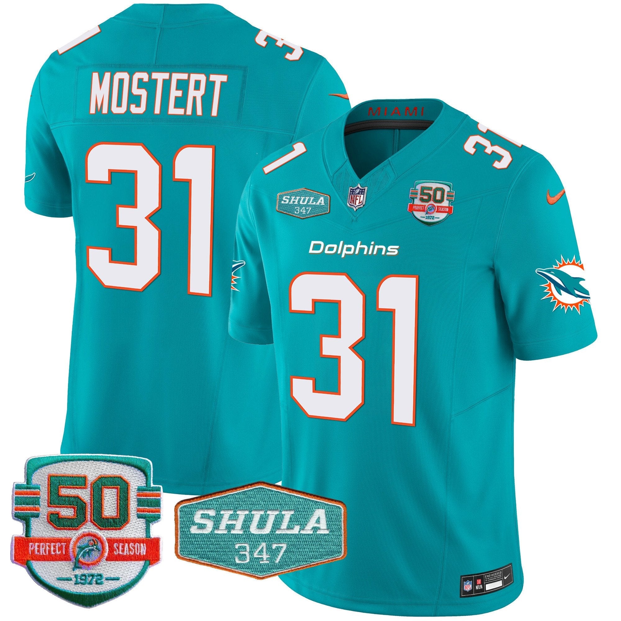 Dolphins Shula 347 Patch Vapor Limited Jersey V2 – All Stitched – Aqua – Raheem Mostert Jersey