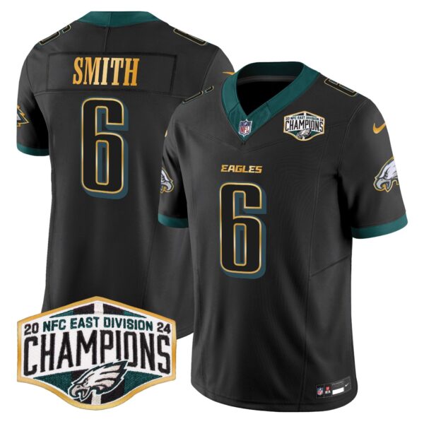 Eagles 2024 NFC East Division Champions Gold Trim Vapor Limited Jersey – All Stitched – Black – DeVonta Smith Jersey
