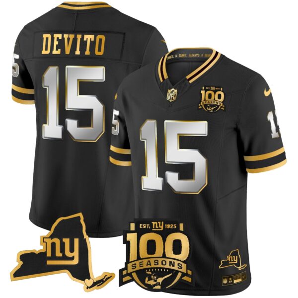 New York Giants 100th Season & State Patch Gold Vapor Limited Jersey – All Stitched – Black Limited – Tommy DeVito Jersey