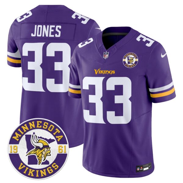 Minnesota Vikings 2024 Vapor Limited Jersey V2 – Est. 1961 Patch – All Stitched – Purple – Aaron Jones Jersey