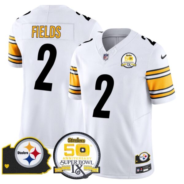 Steelers 50th Anniversary Of Super Bowl IX & Map Patch Vapor Limited Jersey – All Stitched – White – Justin Fields Jersey