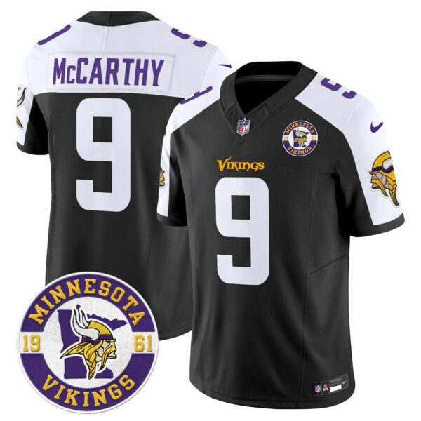 Minnesota Vikings 2024 Vapor Limited Jersey V2 – Est. 1961 Patch – All Stitched – Black Alternate – J.J. McCarthy Jersey
