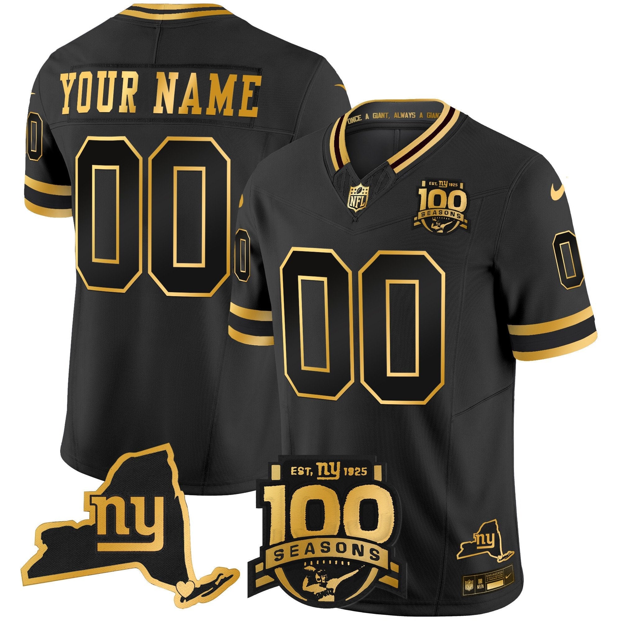 New York Giants 100th Season & State Patch Gold Vapor Limited Custom Jersey – All Stitched – Black Gold Jersey