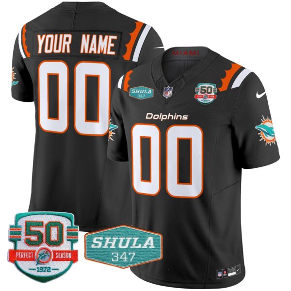 Dolphins 50th & Don Shula 347 Memorial Patch Vapor Limited Custom Jersey – All Stitched – Black Jersey
