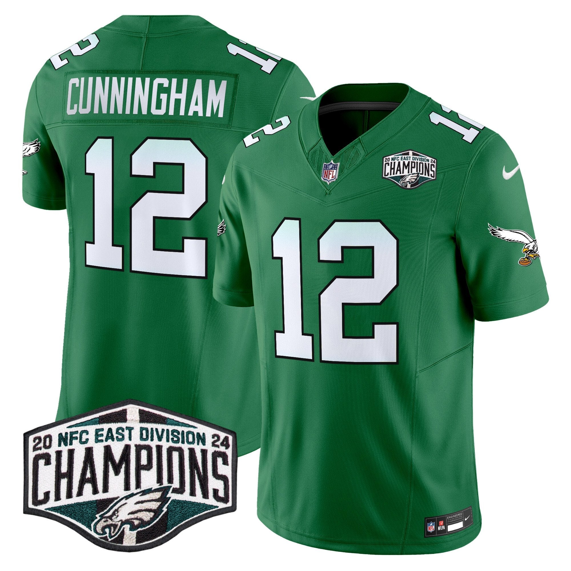Philadelphia Eagles Kelly Green 2024 NFC East Division Champions Vapor Limited Jersey V2 – All Stitched – Kelly Green – Randall Cunningham Jersey