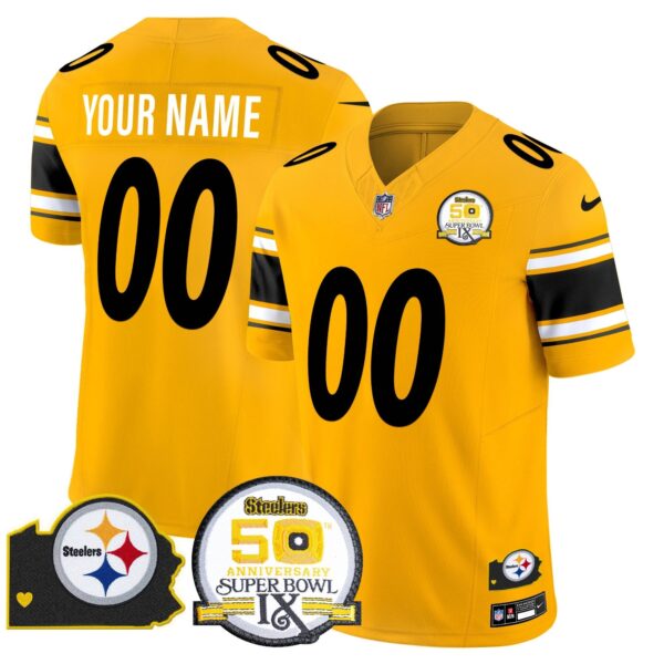 Steelers 50th Anniversary Of Super Bowl IX & Map Patch Vapor Limited Custom Jersey – All Stitched – Gold Jersey
