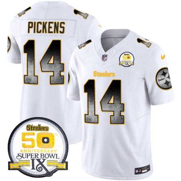 Steelers Arch Smoke 50th Anniversary Of Super Bowl IX Patch Vapor Limited Jersey – All Stitched – White – George Pickens Jersey