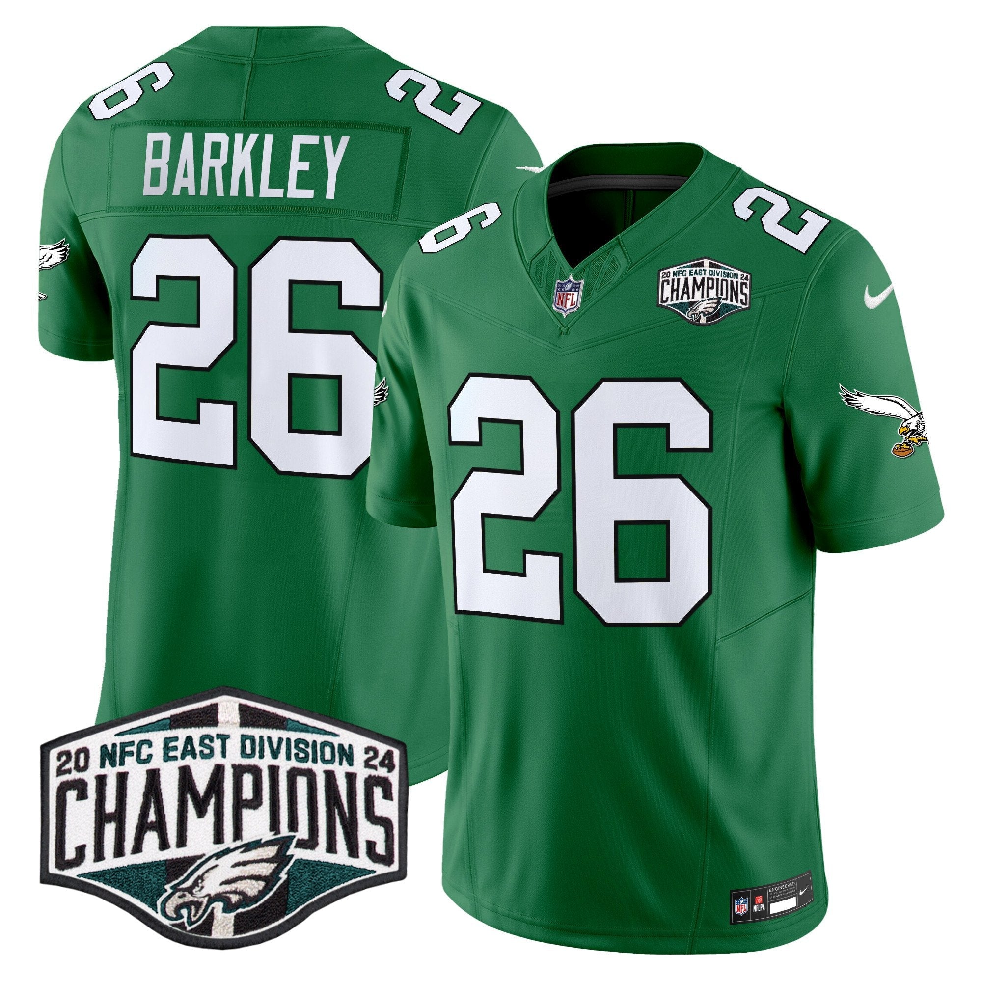 Philadelphia Eagles Kelly Green 2024 NFC East Division Champions Vapor Limited Jersey V2 – All Stitched – Kelly Green – Saquon Barkley Jersey