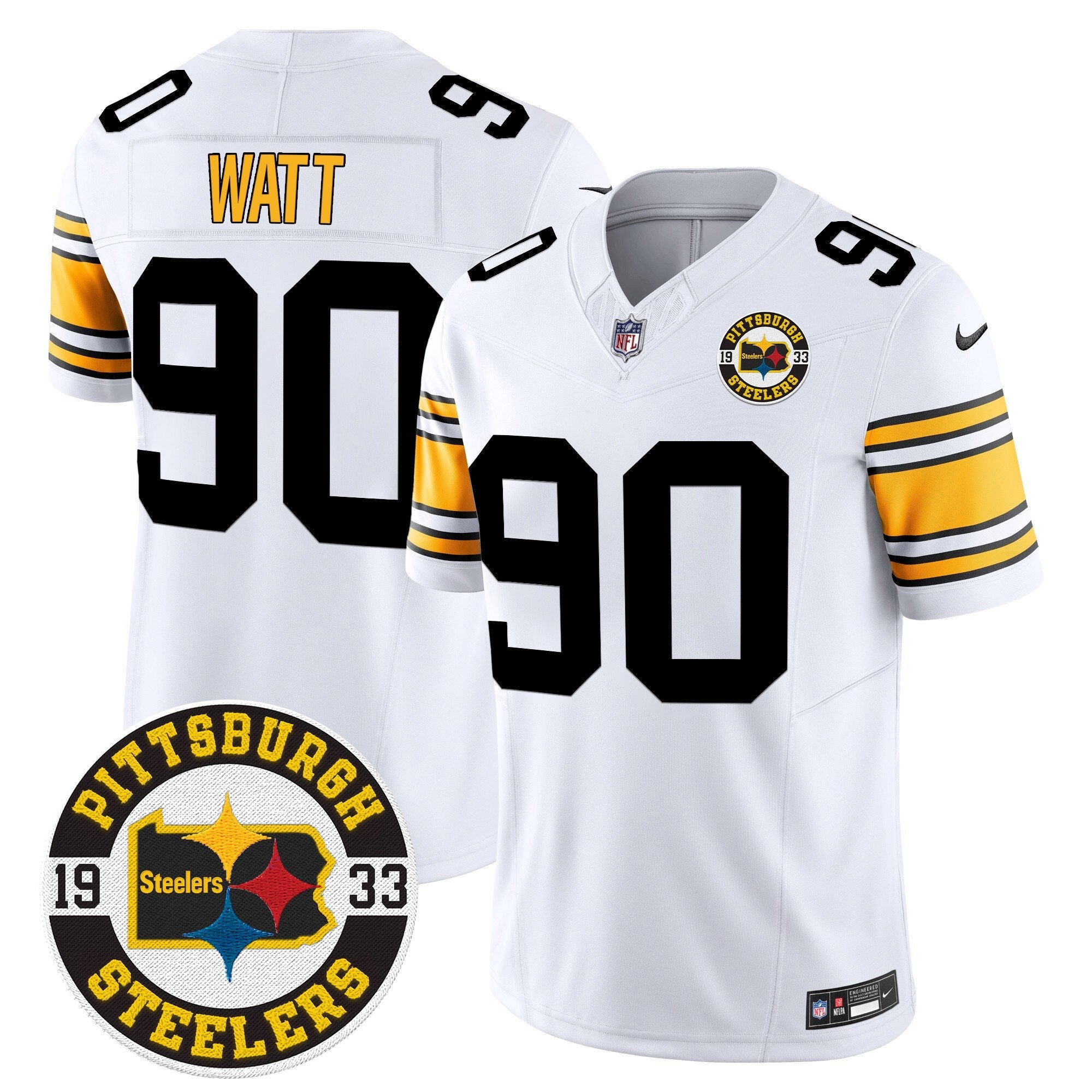 Steelers 2024 Vapor Limited Jersey – Est 1933 Patch – All Stitched – 1975 White – T. J. Watt Jersey
