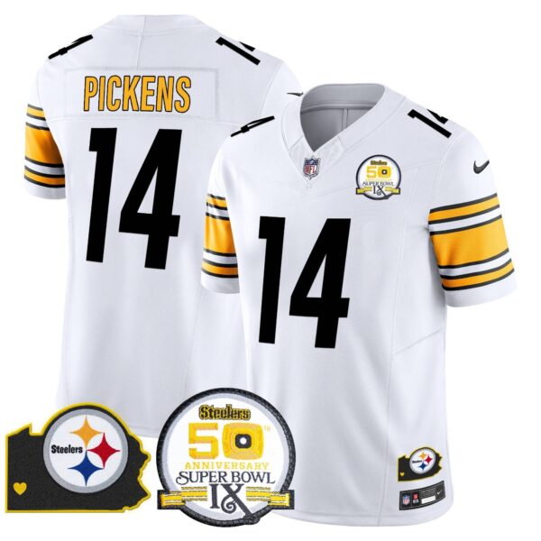Steelers 50th Anniversary Of Super Bowl IX & Map Patch Vapor Limited Jersey – All Stitched – White – George Pickens Jersey