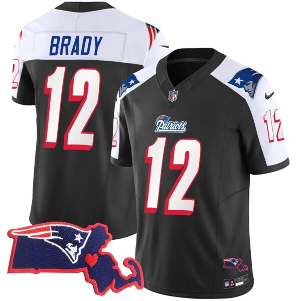 Patriots 1996 Throwback State Patch Vapor Jersey – All Stitched – Black Alternate – Tom Brady Jersey