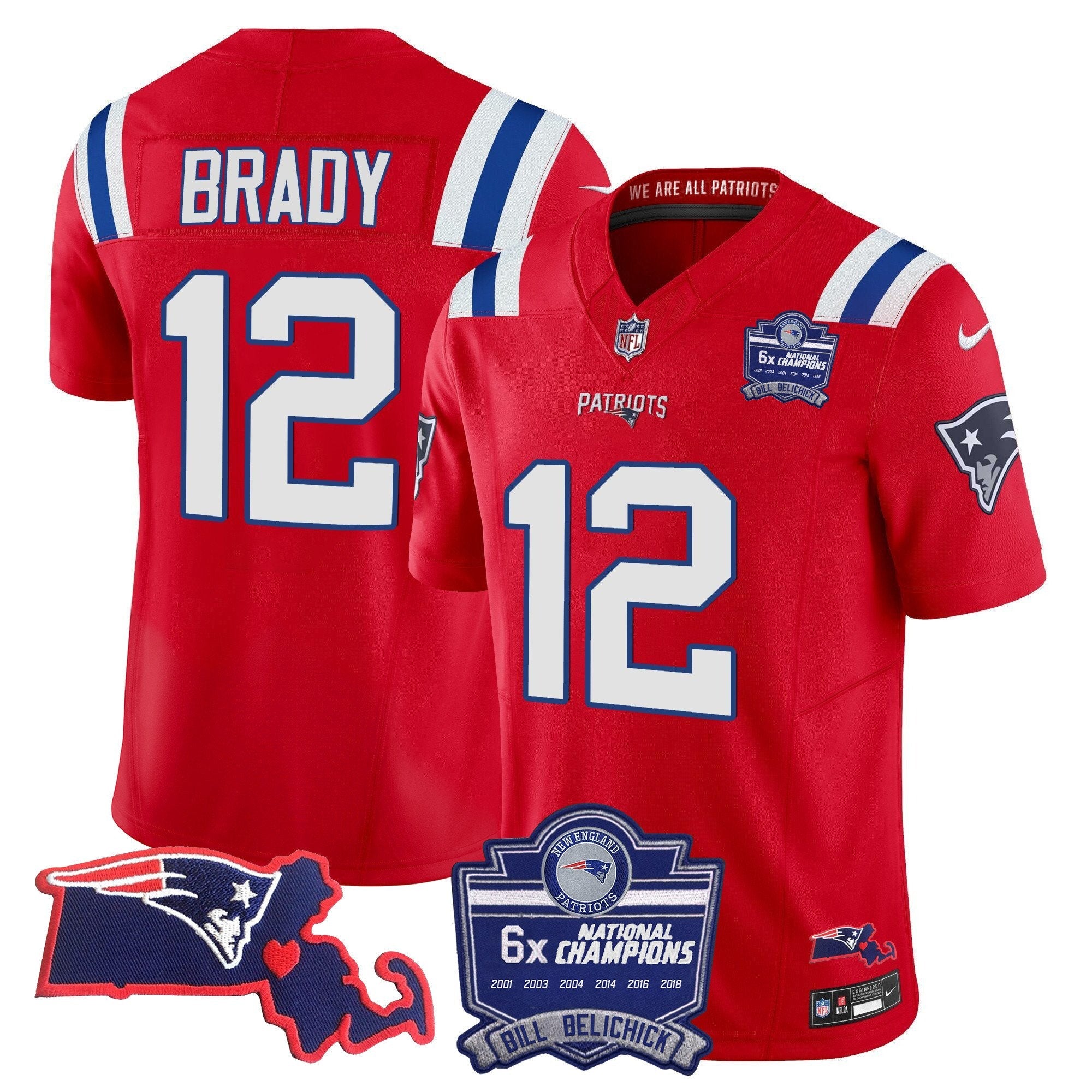 Patriots Bill Belichick 6x Champions Patch Vapor Jersey – All Stitched – Red – Tom Brady Jersey