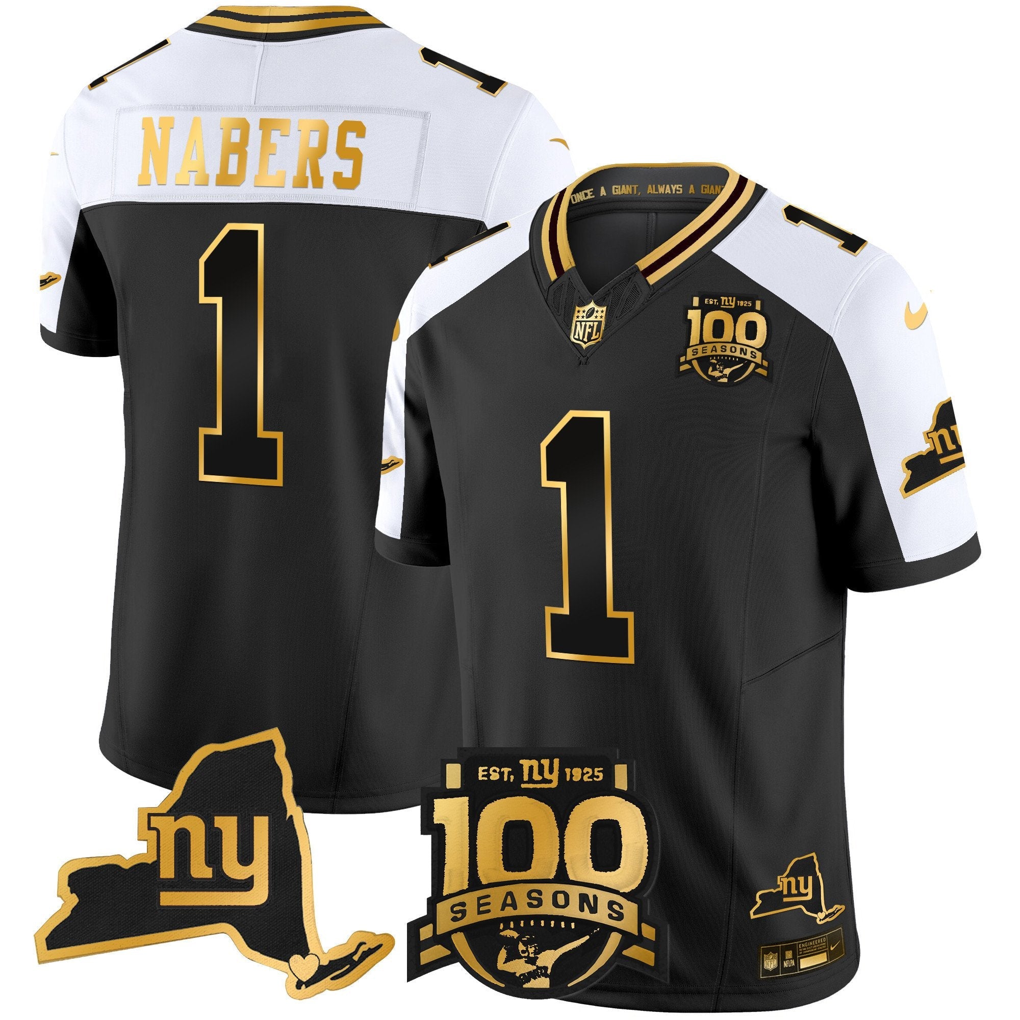 New York Giants 100th Season & State Patch Gold Vapor Limited Jersey – All Stitched – Alternate – Malik Nabers Jersey