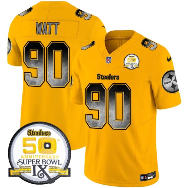 Steelers Arch Smoke 50th Anniversary Of Super Bowl IX Patch Vapor Limited Jersey – All Stitched – Gold – T. J. Watt Jersey